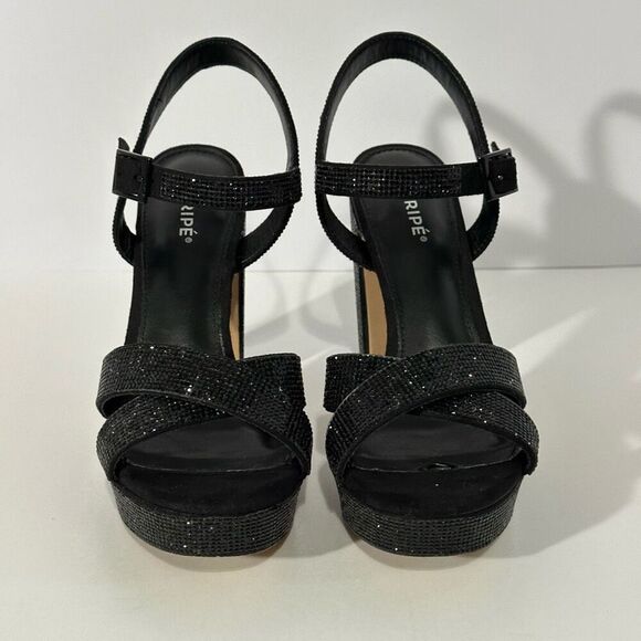 Maripe Leilani Open Toe Ankle Strap Rhinestone Platform Sandals Black | Size 7.5 - Picture 2 of 15